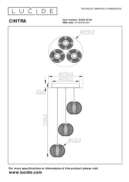 Lucide CINTRA - Pendant light - Ø 25 cm - LED Dim. - 3x4,7W 2700K - Transparant - technical